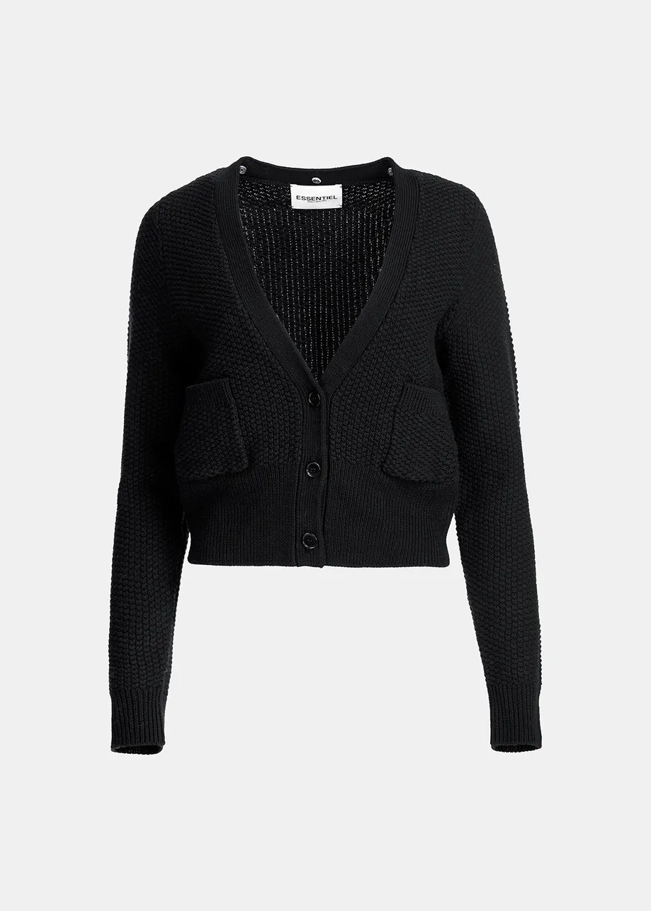 Black wool cardigan with faux fur collar