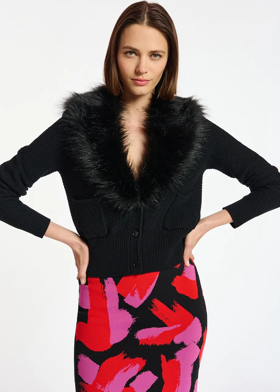 Black wool cardigan with faux fur collar