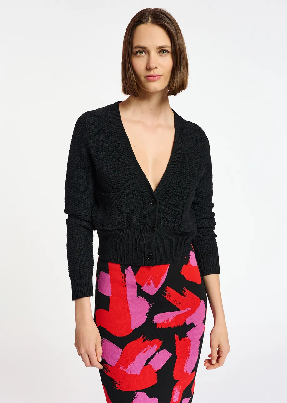 Black wool cardigan with faux fur collar