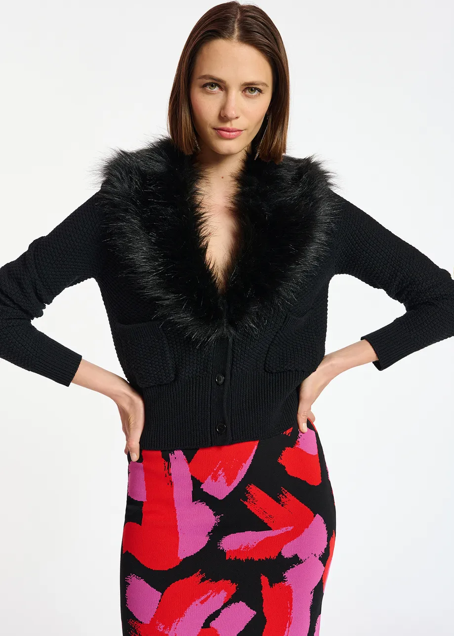 Black wool cardigan with faux fur collar