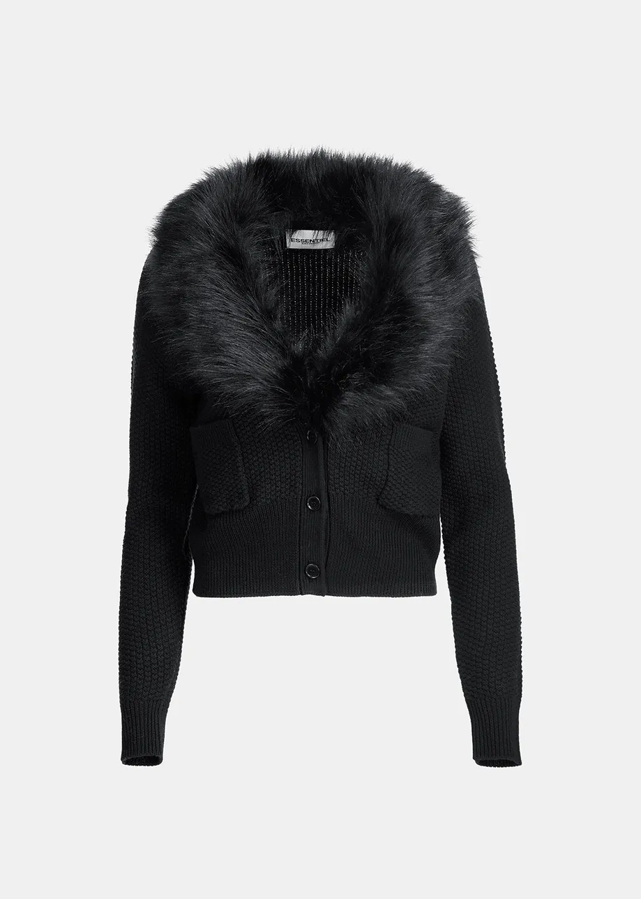 Black wool cardigan with faux fur collar