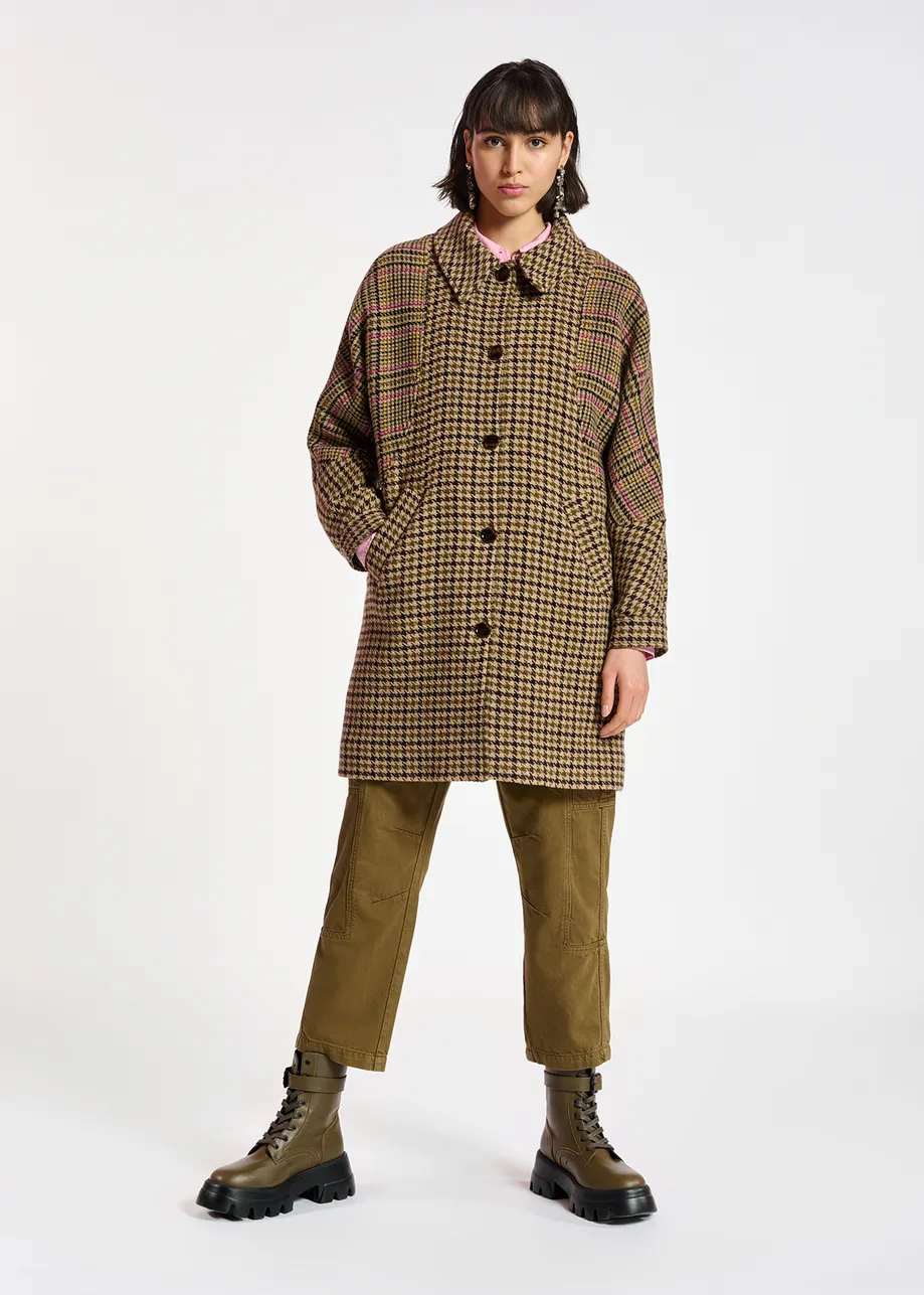 Brown houndstooth wool-blend coat