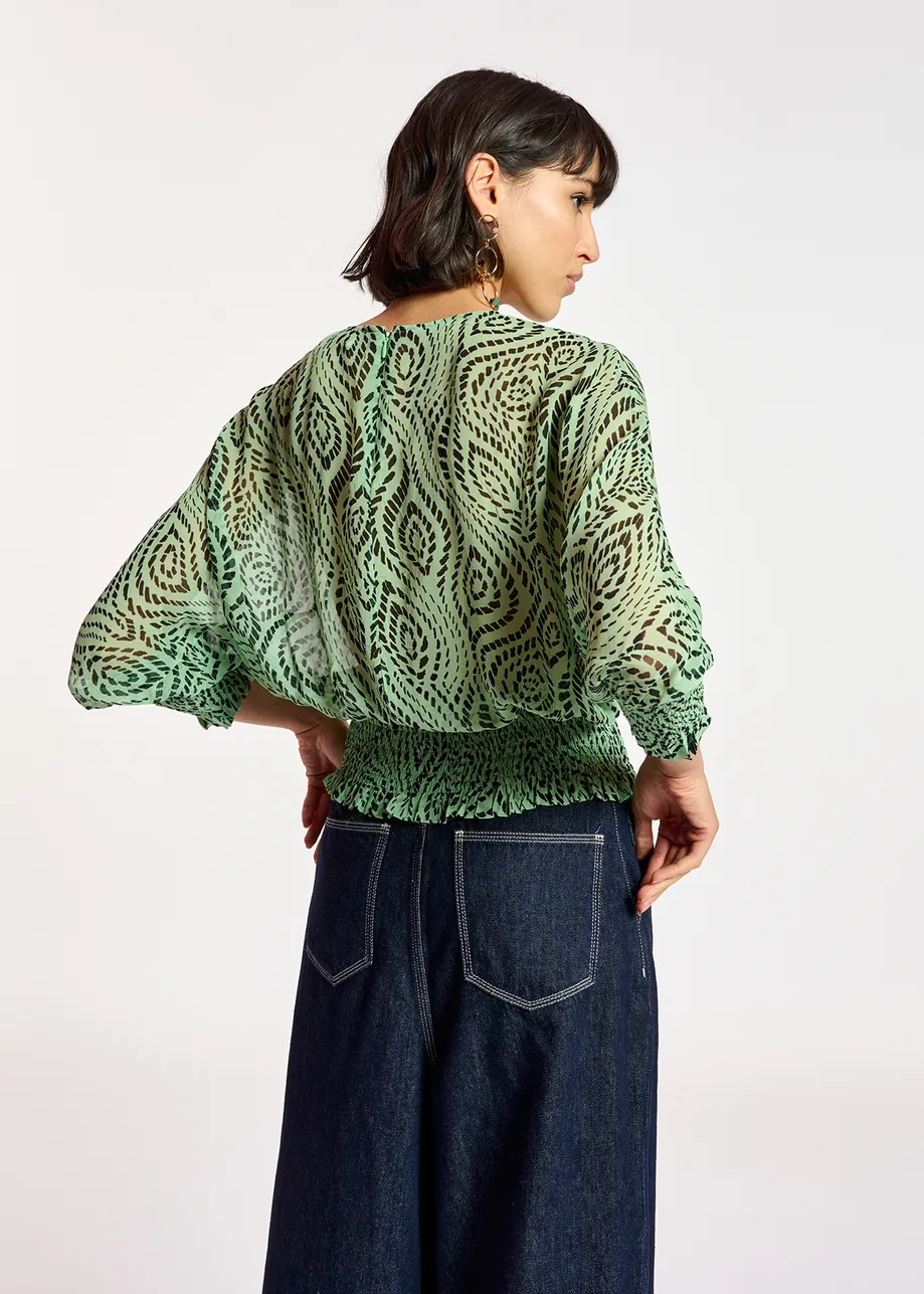 Mint green smocked top with geometric print