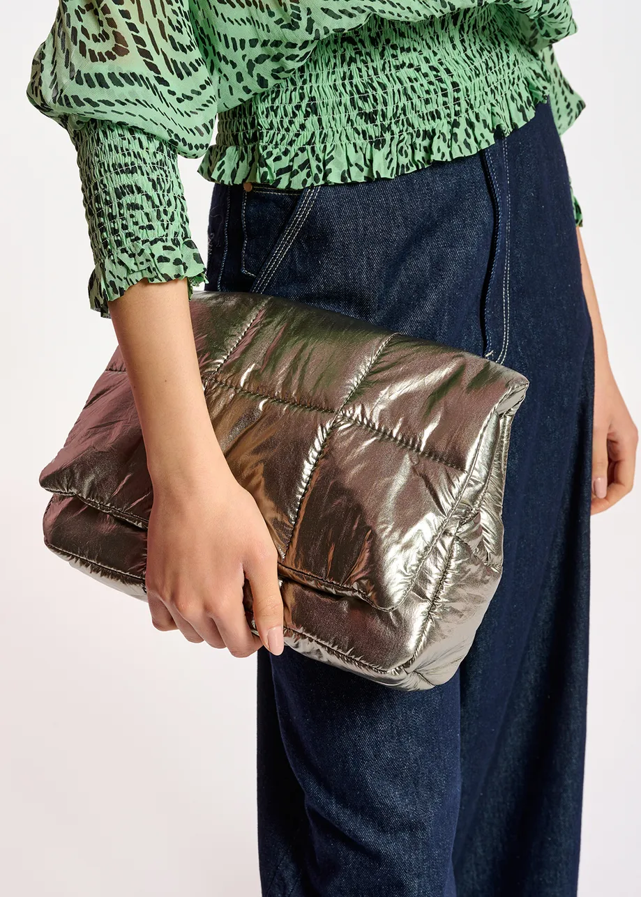 Mint green smocked top with geometric print