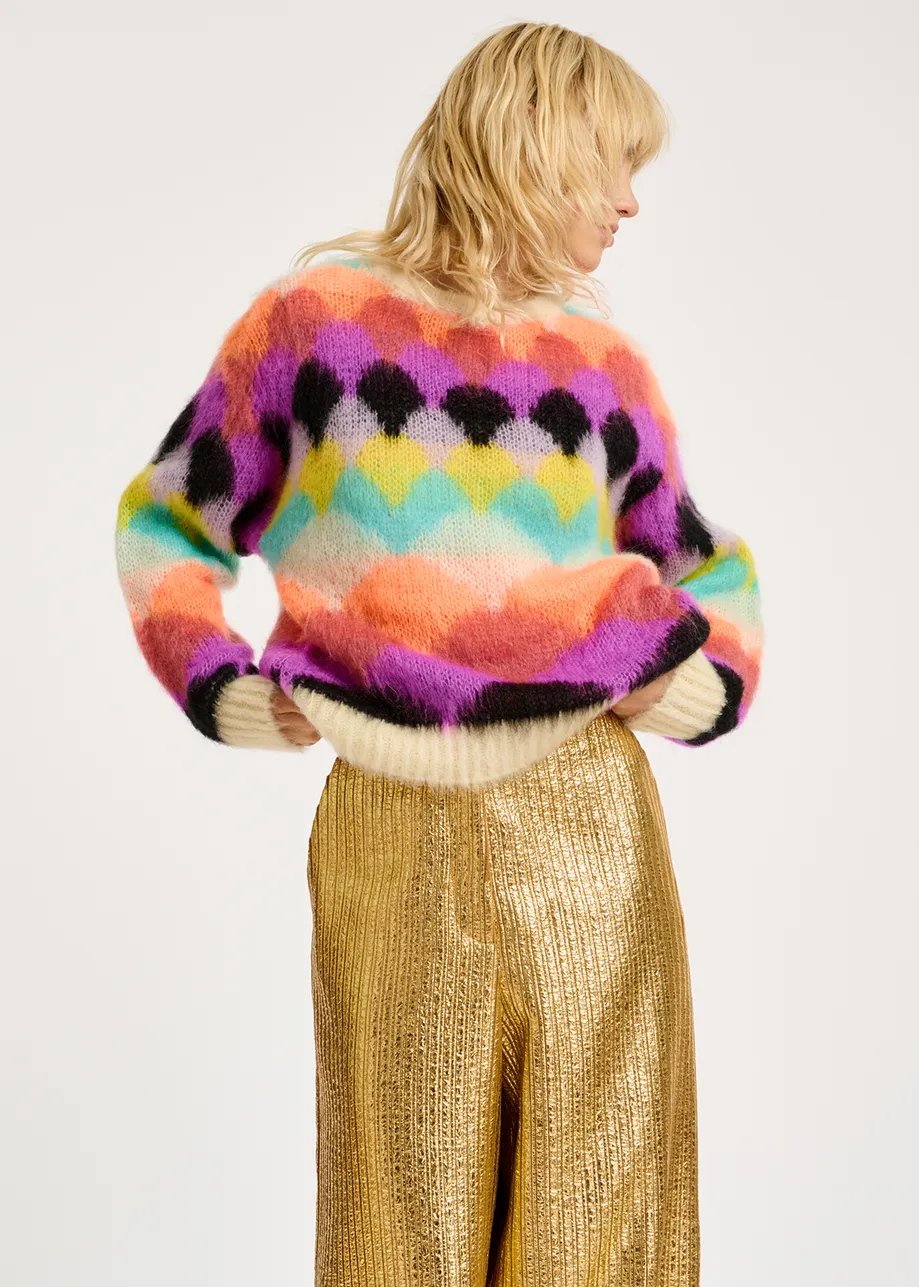 Multicolor scallop intarsia-knitted sweater