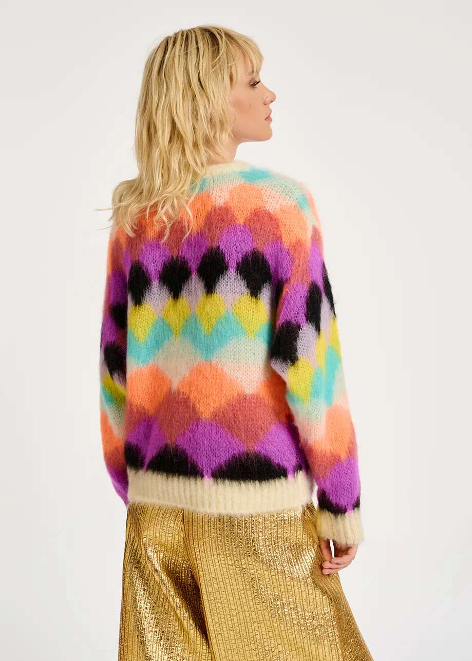 Multicolor scallop intarsia-knitted sweater
