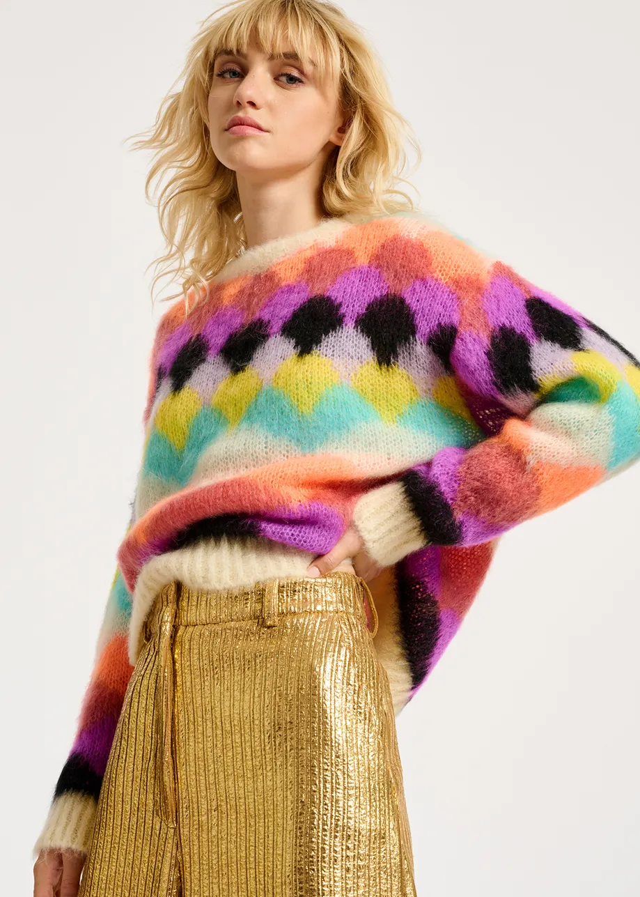 Pull multicolore en maille intarsia à festons