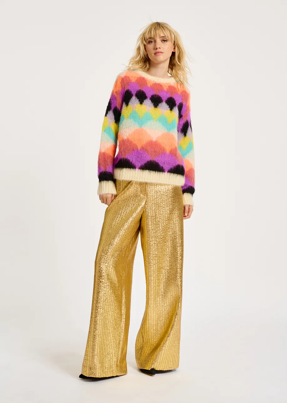 Pull multicolore en maille intarsia à festons