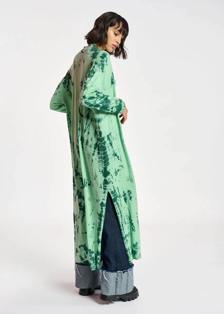 Long mint green and dark green tie-dye cardigan