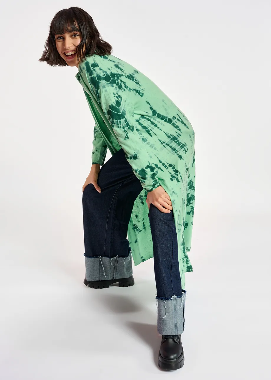 Long mint green and dark green tie-dye cardigan