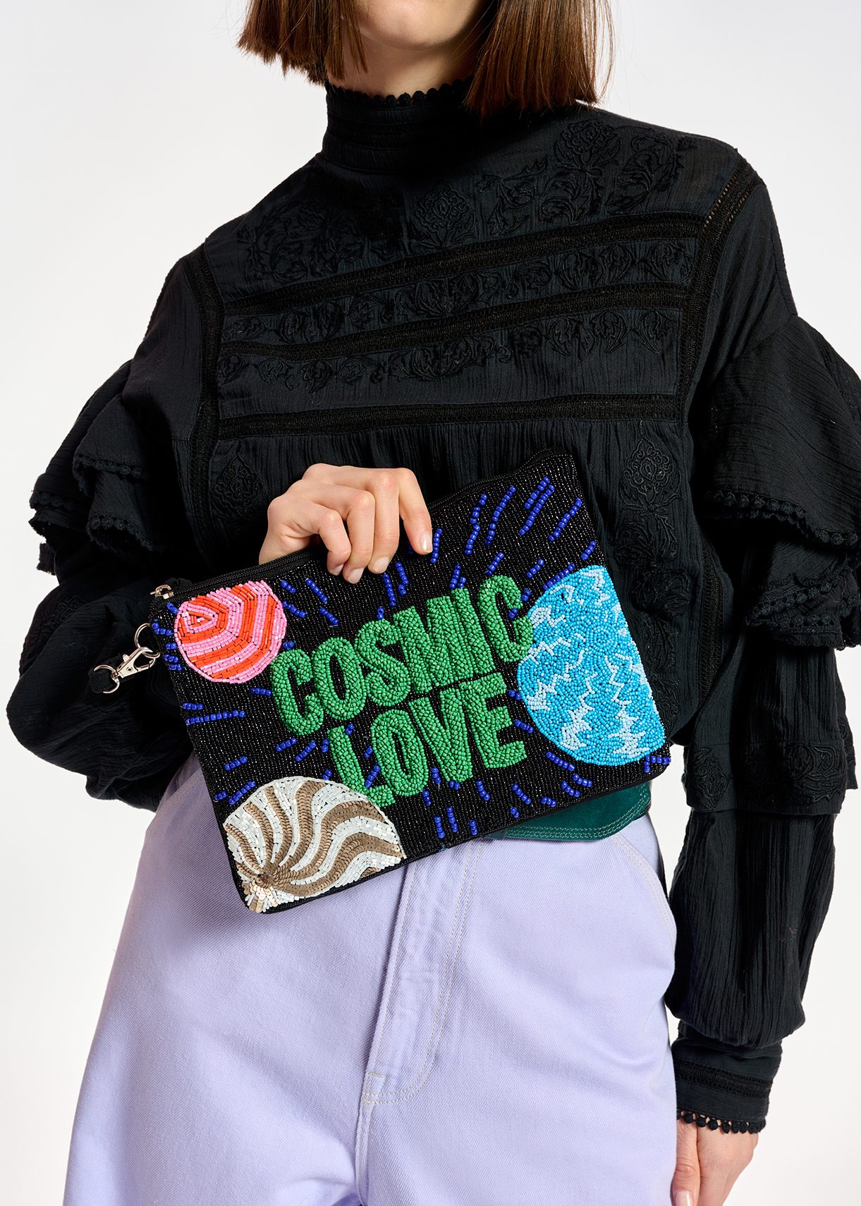 Multicolor bead-embellished 'cosmic' pouch