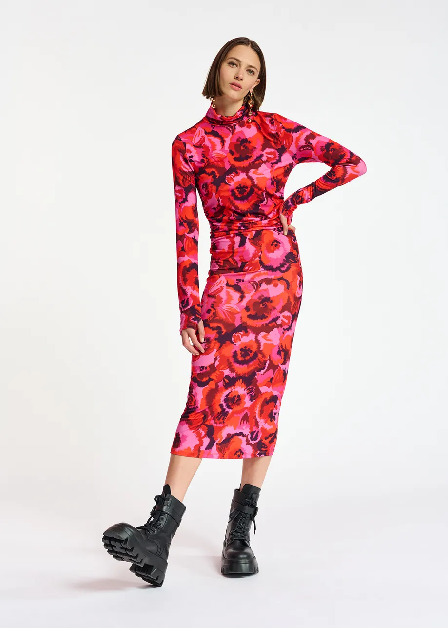Pink and red floral-print stretch-jersey midi dress
