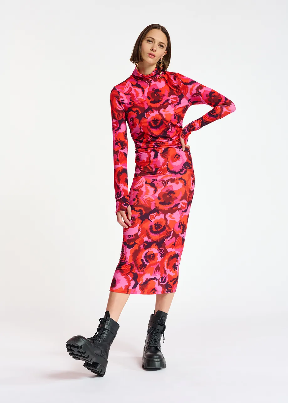 Pink and red floral-print stretch-jersey midi dress