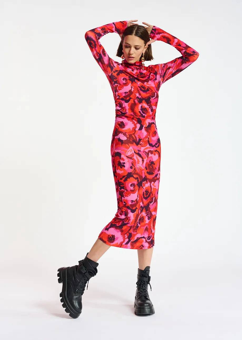 Pink and red floral-print stretch-jersey midi dress