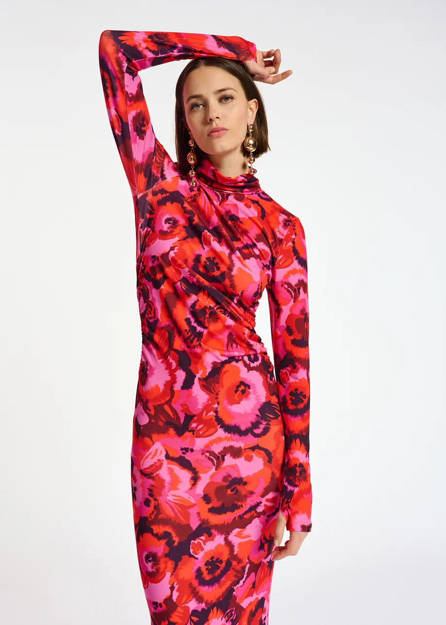 Pink and red floral-print stretch-jersey midi dress