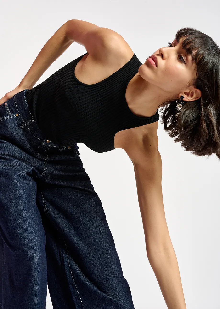 Black fitted ribbed-knit top