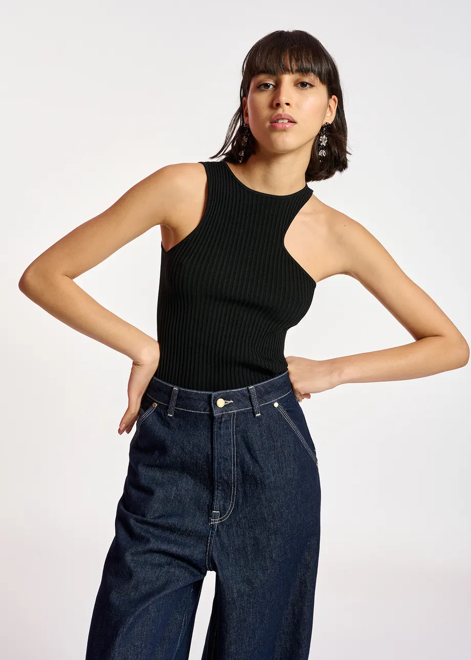 Black fitted ribbed-knit top 