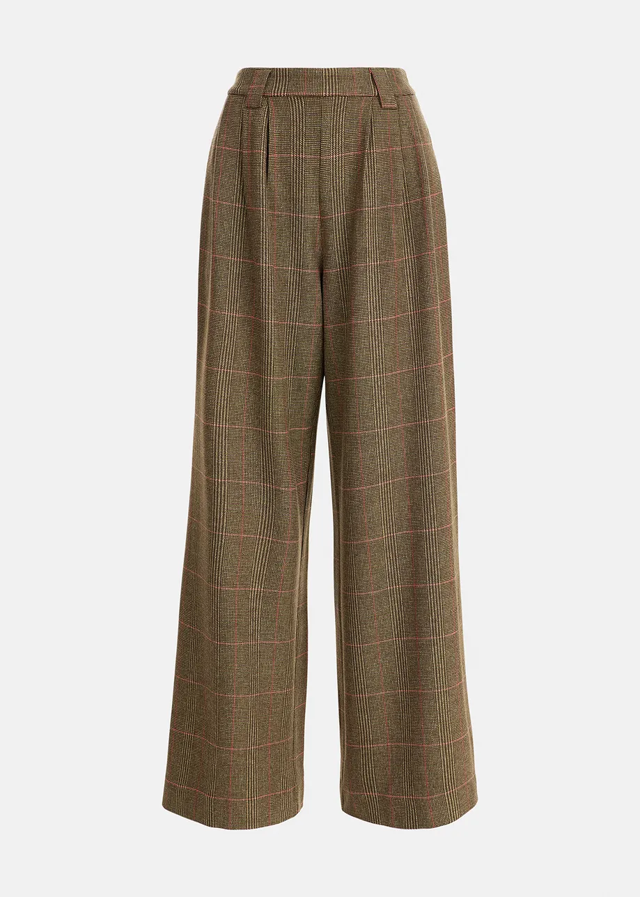 Brown wide-leg pants with beige and pink check motif