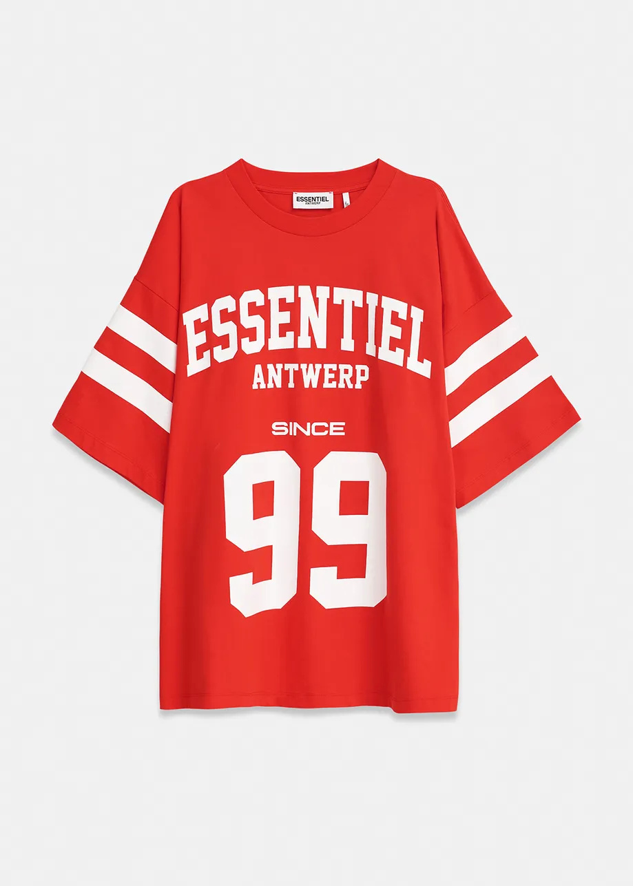 Red organic cotton varsity-inspired T-shirt