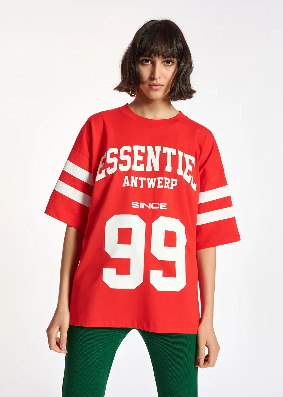 Red organic cotton varsity-inspired T-shirt