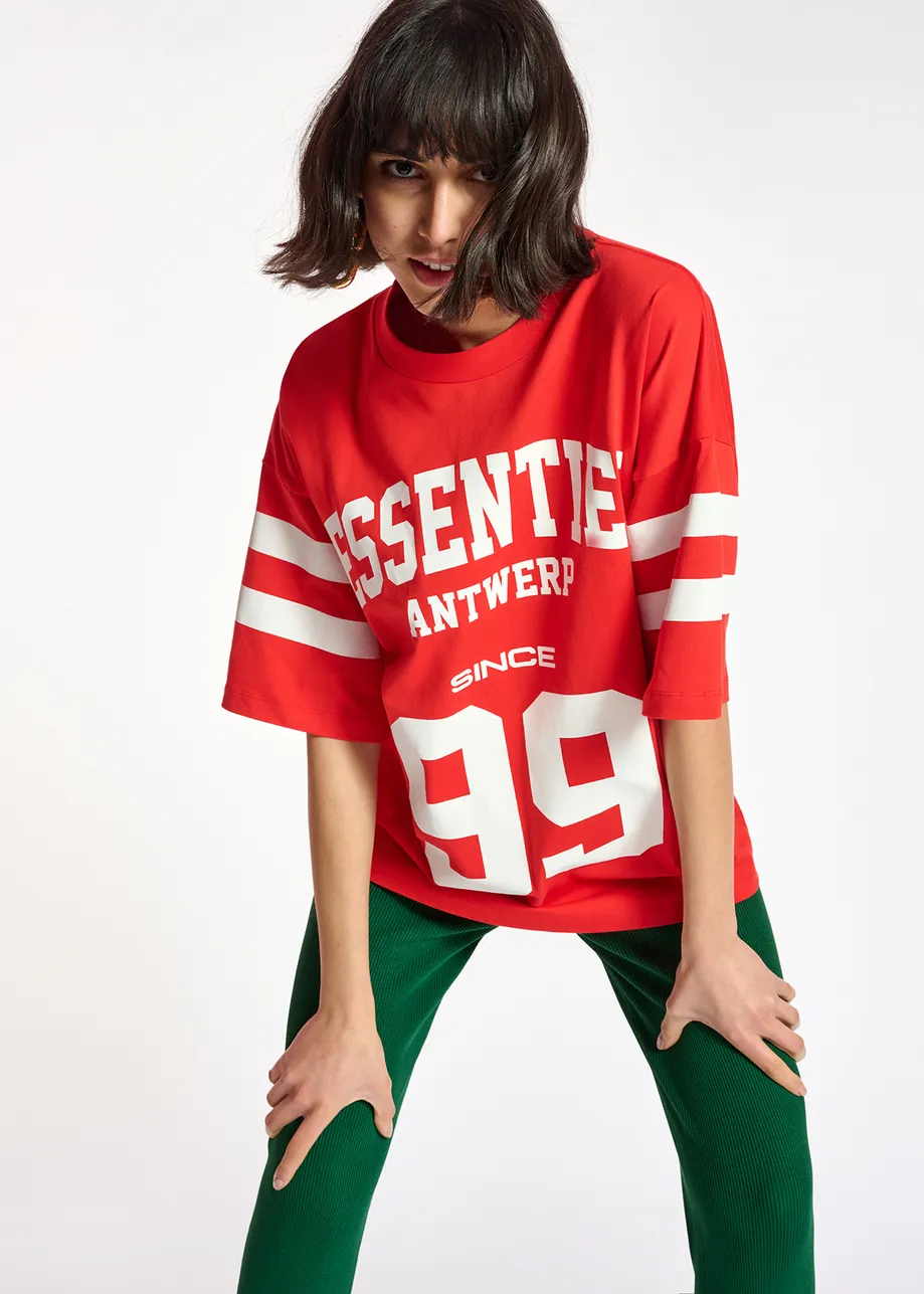 Red organic cotton varsity-inspired T-shirt