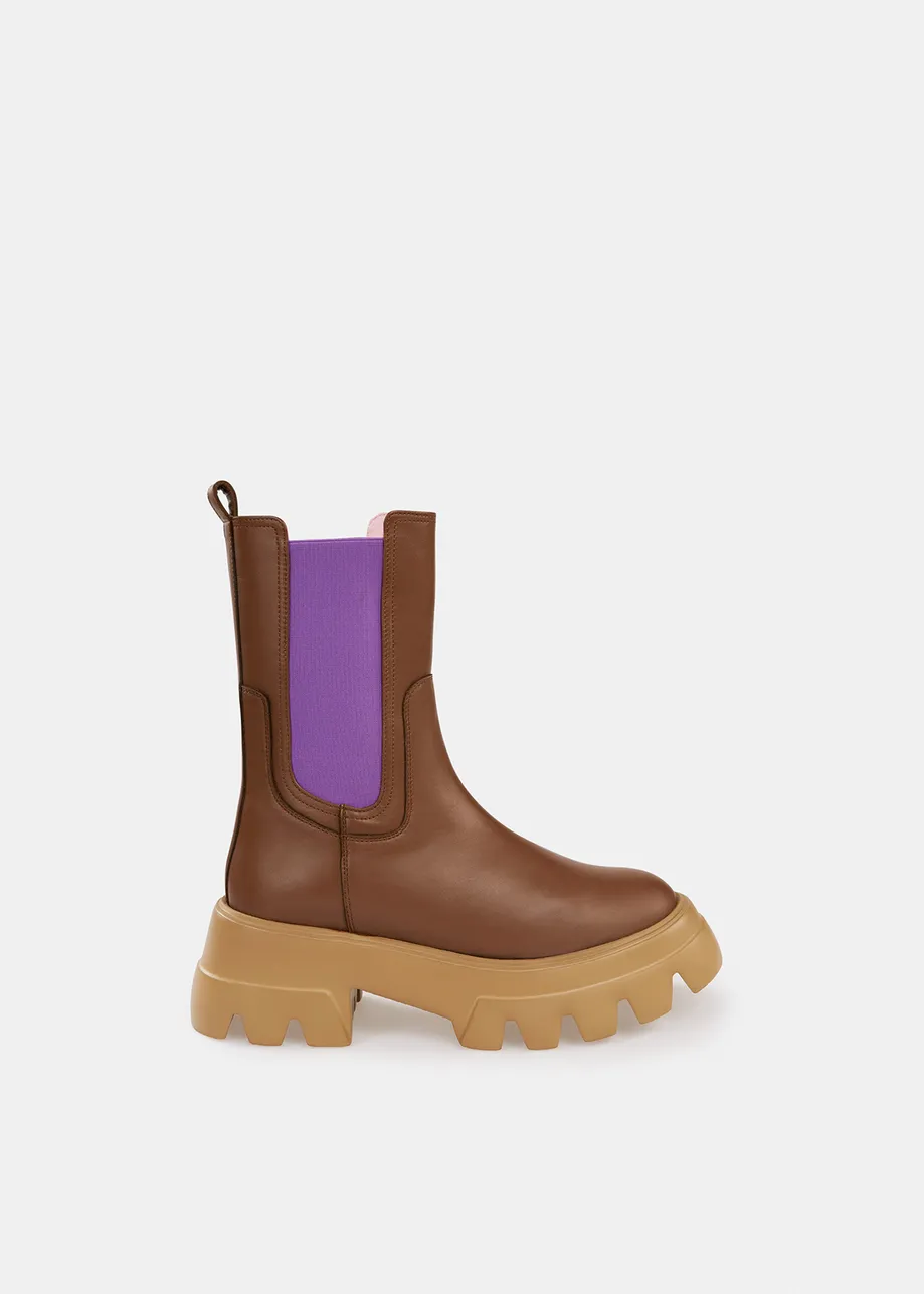 Brown and beige chunky leather chelsea boots with purple side tabs