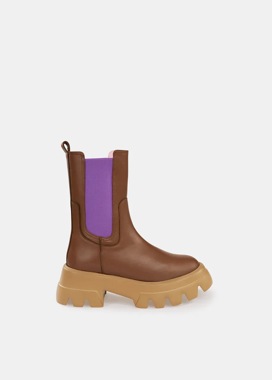 Brown and beige chunky leather chelsea boots with purple side tabs