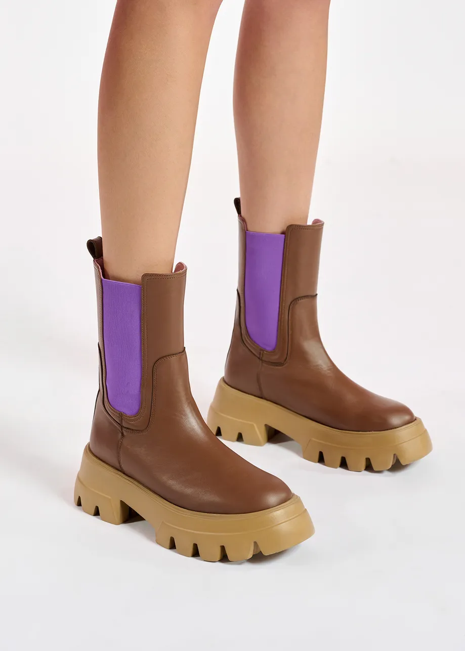 Brown and beige chunky leather chelsea boots with purple side tabs