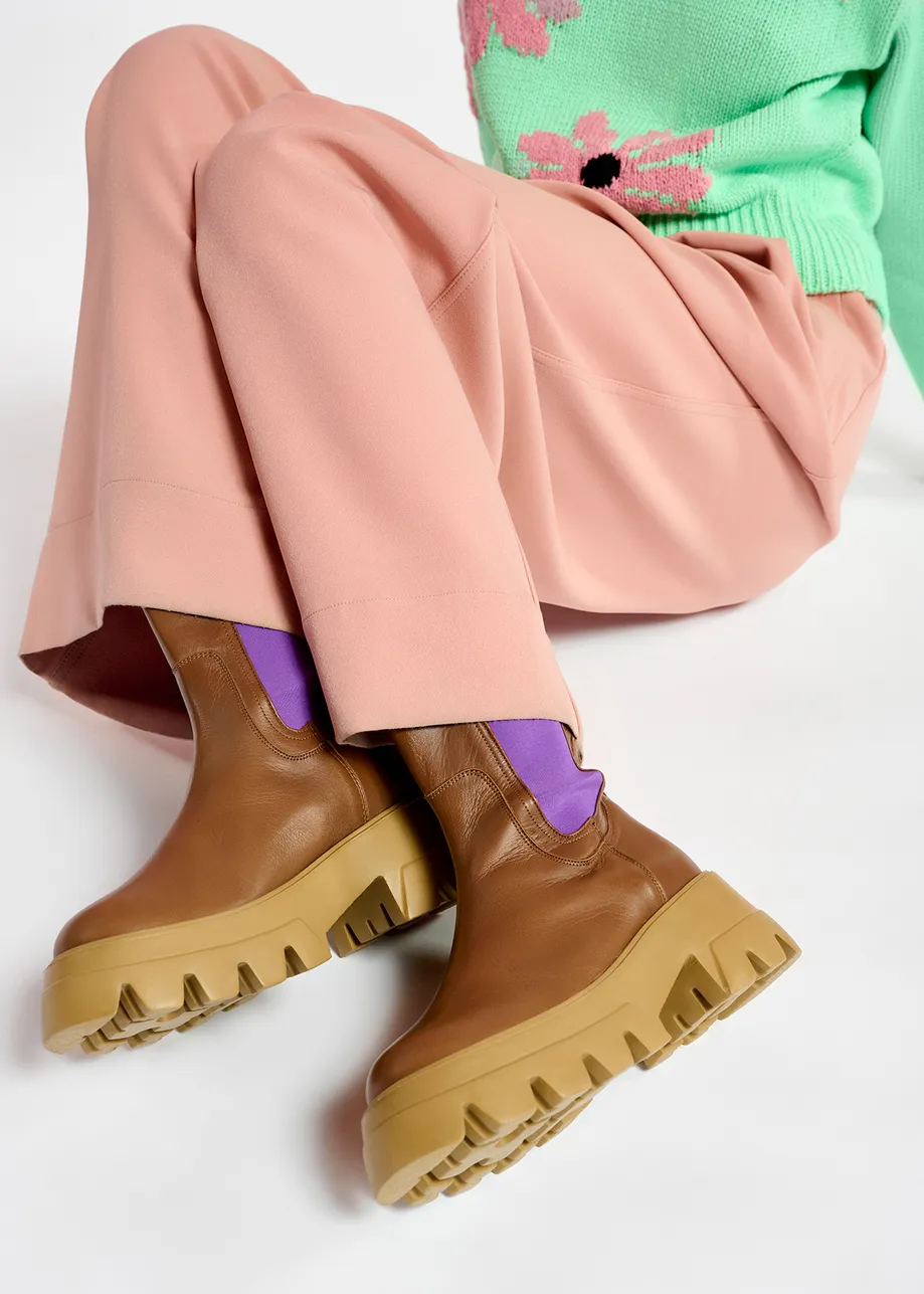 Brown and beige chunky leather chelsea boots with purple side tabs