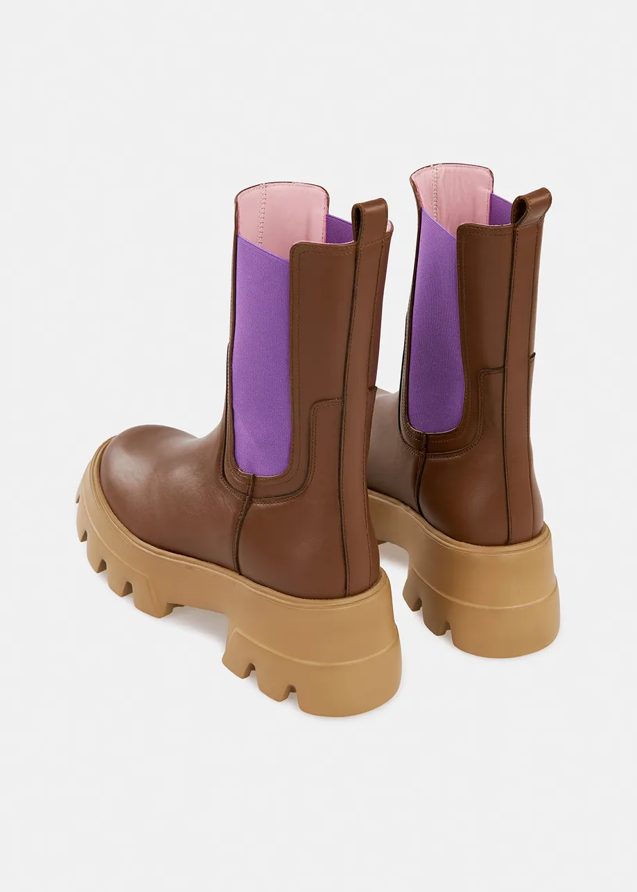 Brown and beige chunky leather chelsea boots with purple side tabs