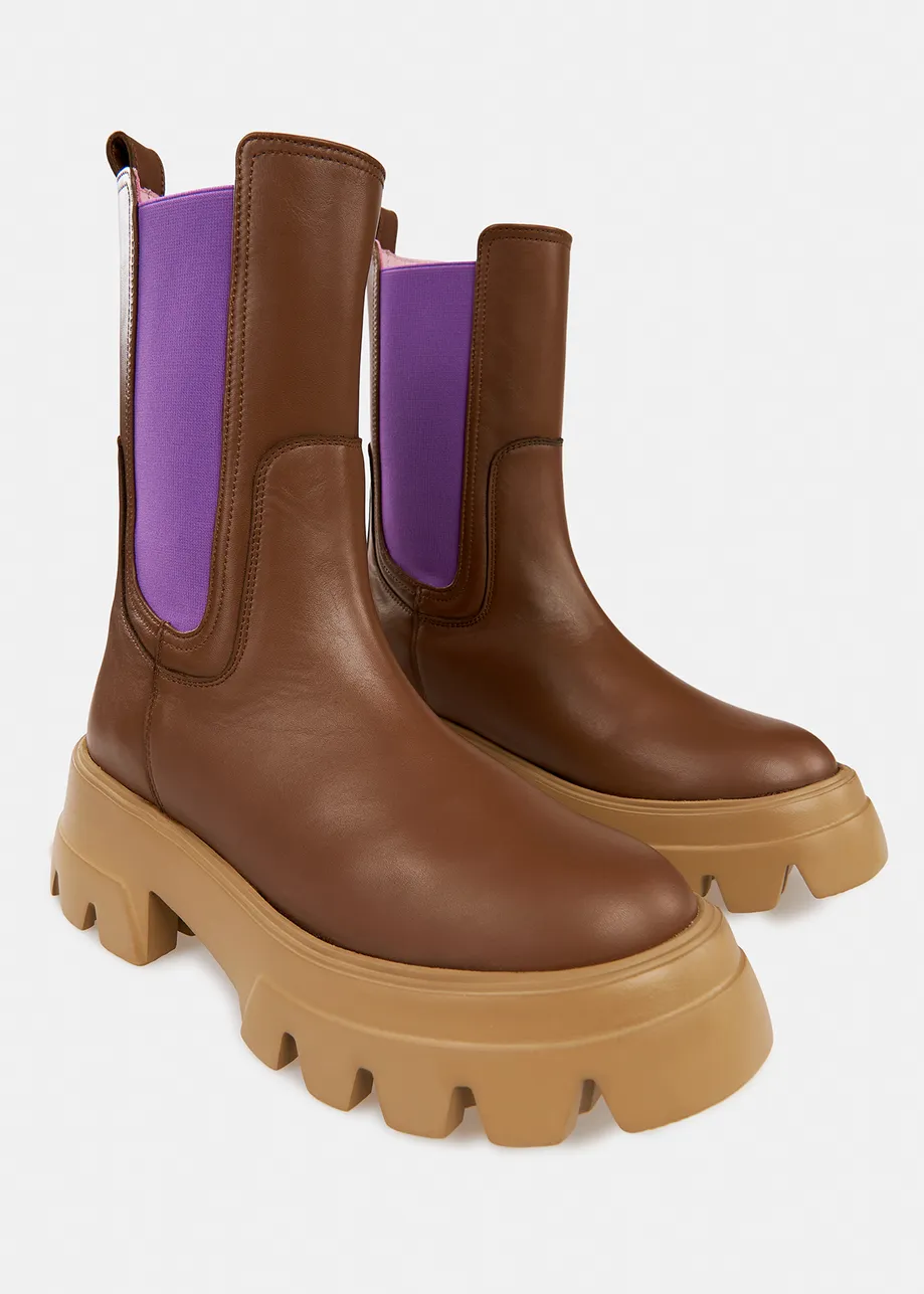 Brown and beige chunky leather chelsea boots with purple side tabs