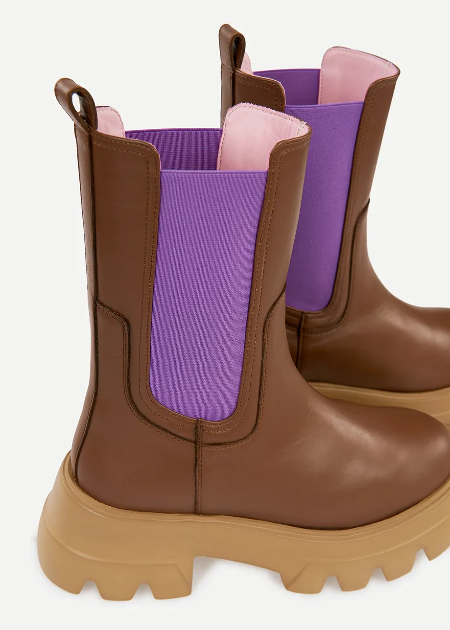 Brown and beige chunky leather chelsea boots with purple side tabs