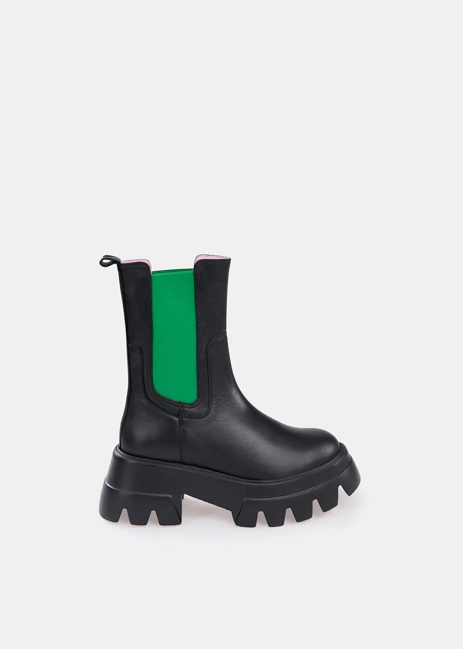 Black chunky leather chelsea boots with green side tabs