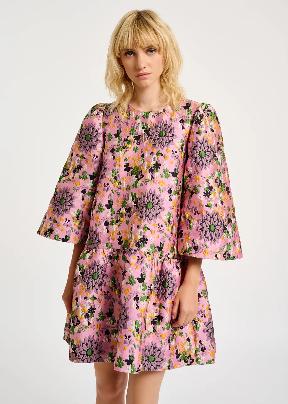 Pink floral jacquard mini dress