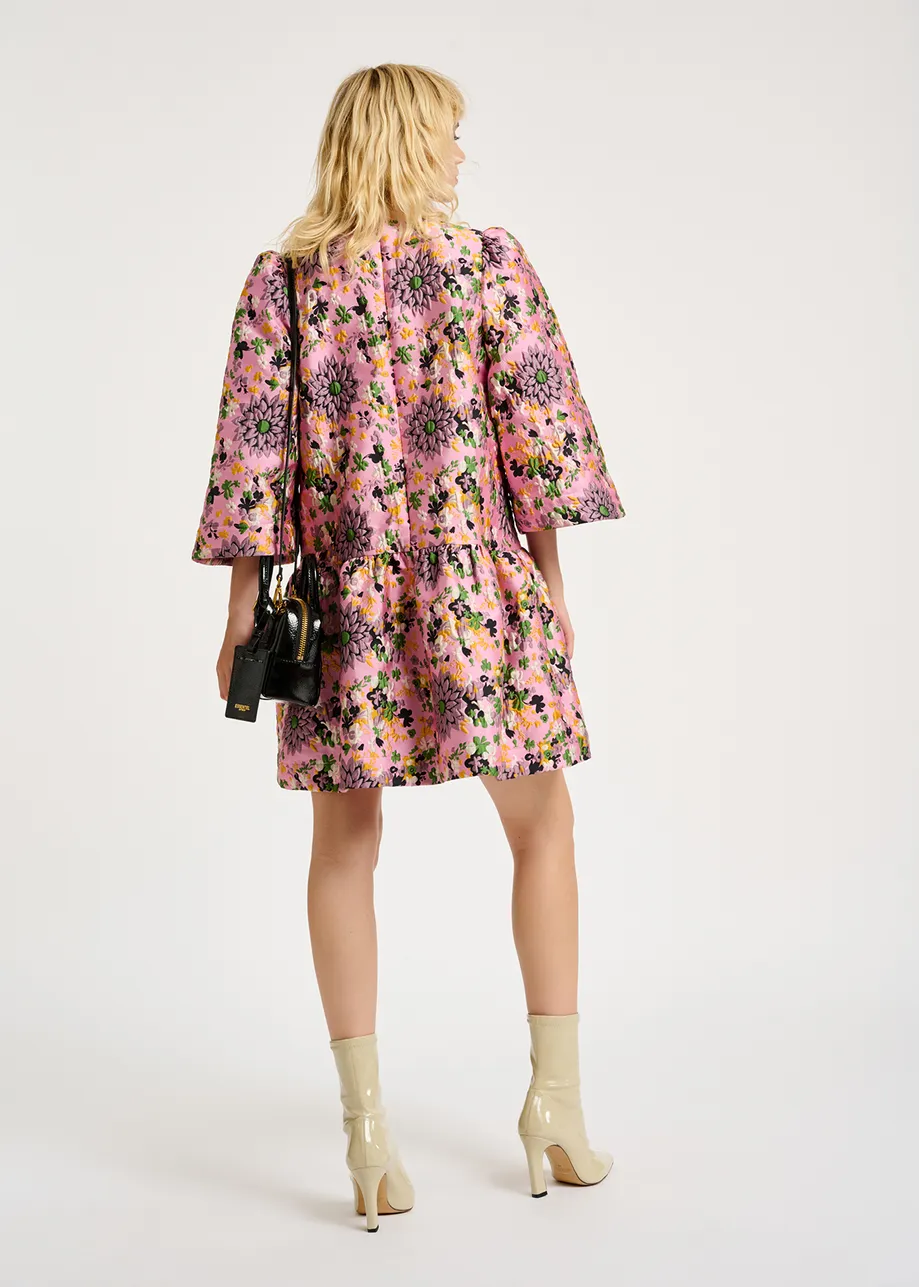 Pink floral jacquard mini dress