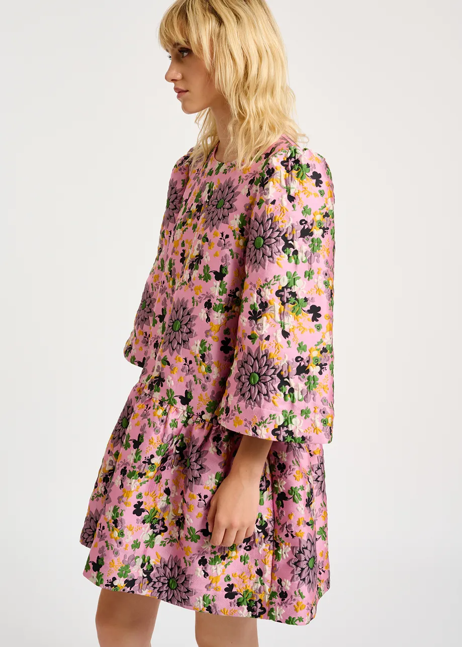Pink floral jacquard mini dress