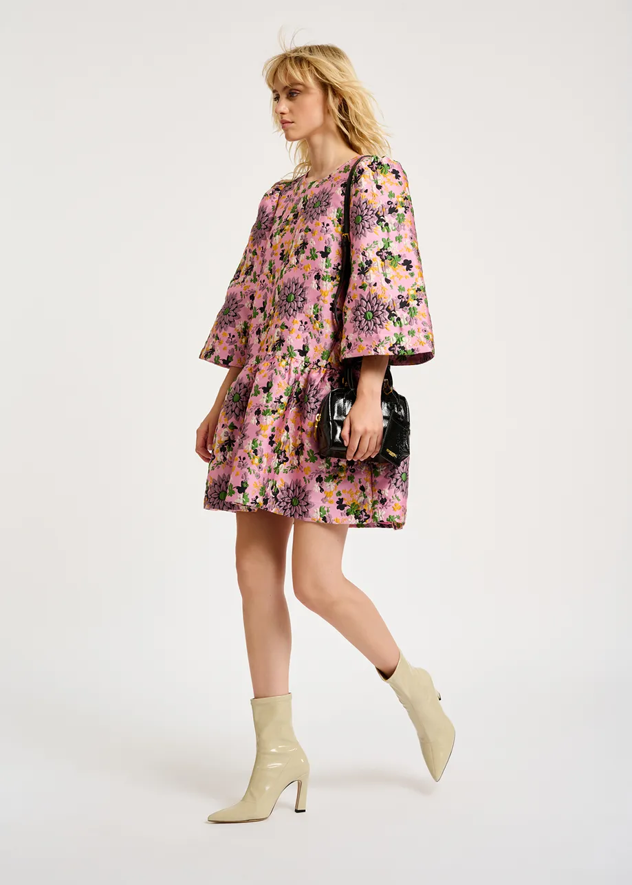 Pink floral jacquard mini dress