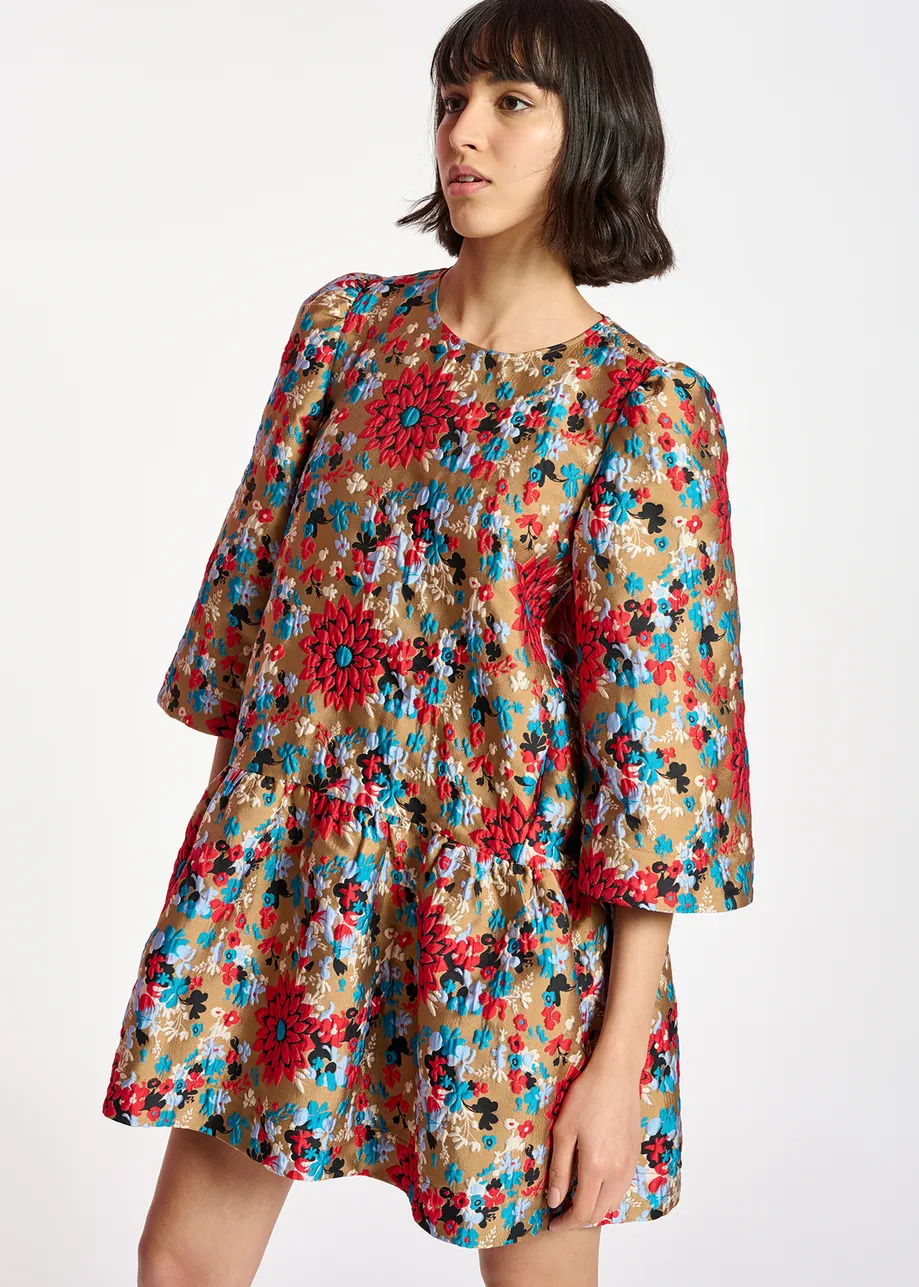 Camel floral jacquard mini dress