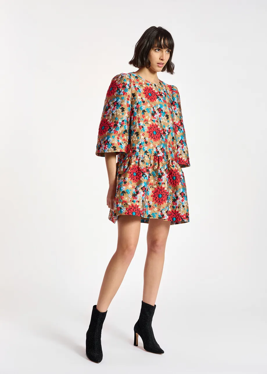 Camel floral jacquard mini dress