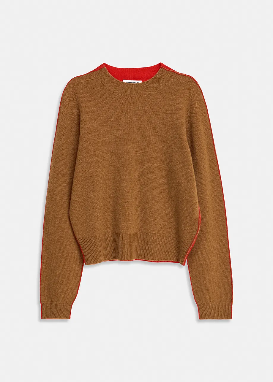 Brown and red merino-cashmere knit sweater