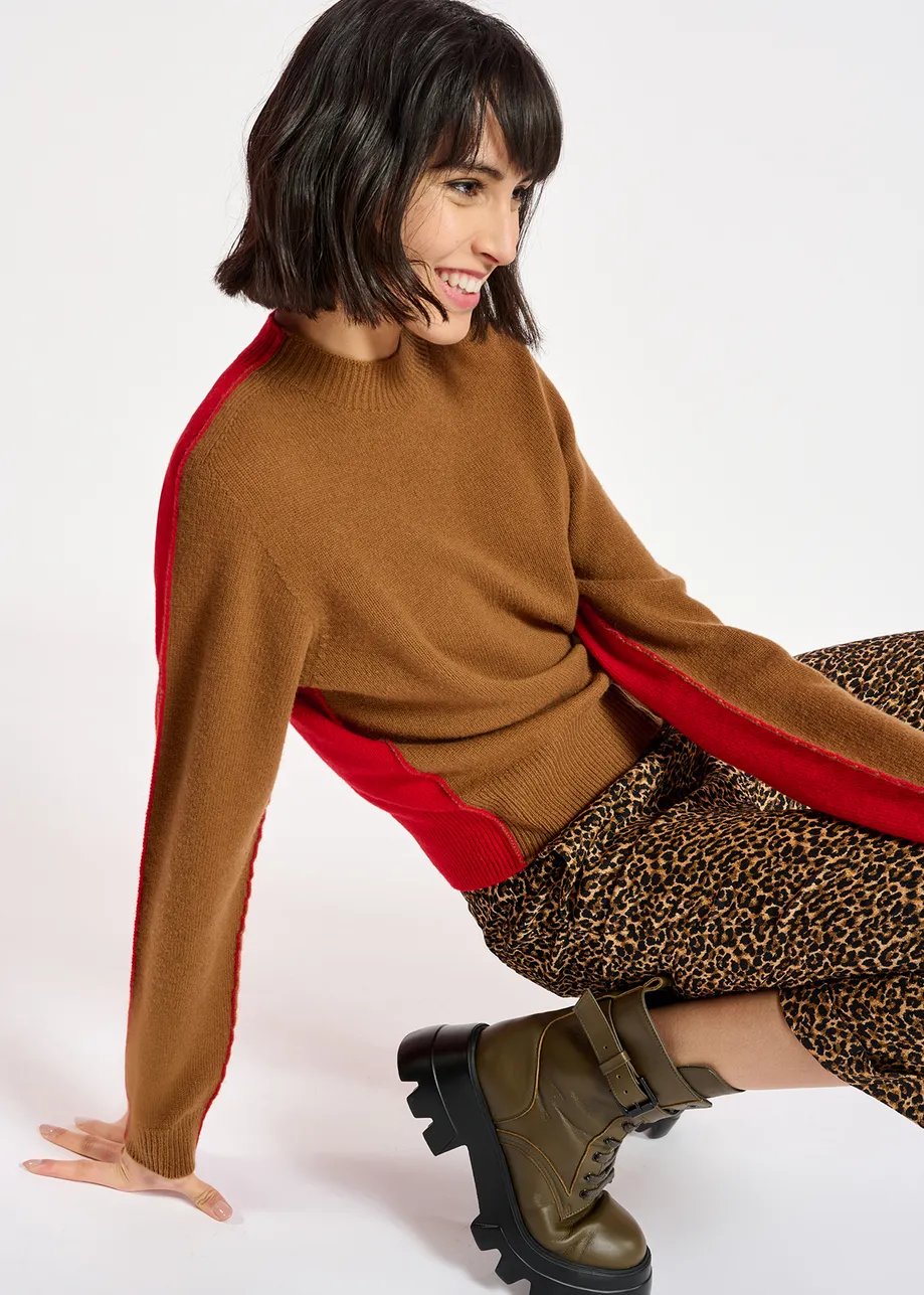 Brown and red merino-cashmere knit sweater