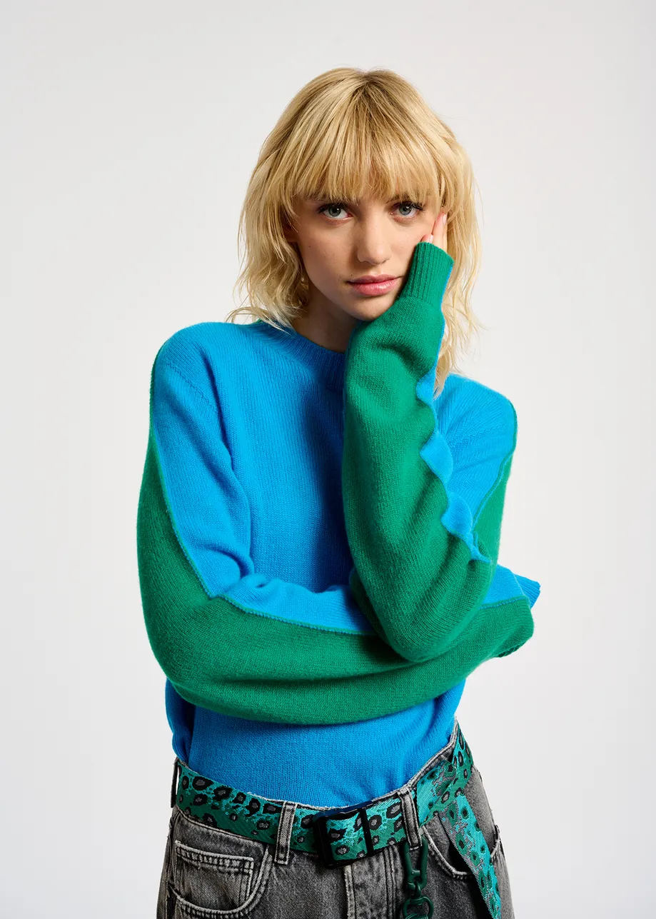 Blue and green merino-cashmere knit sweater