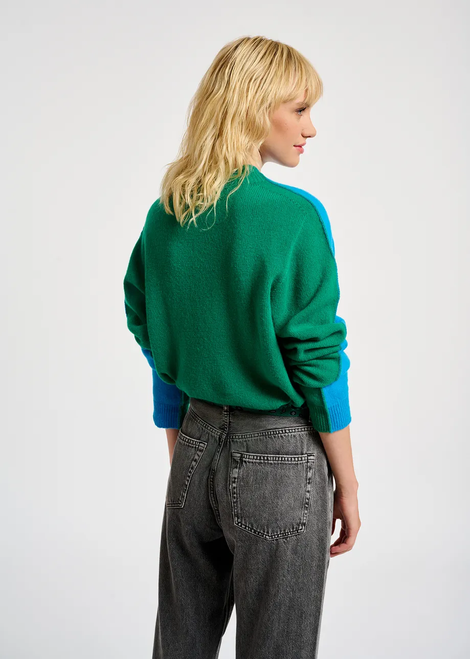 Blue and green merino-cashmere knit sweater