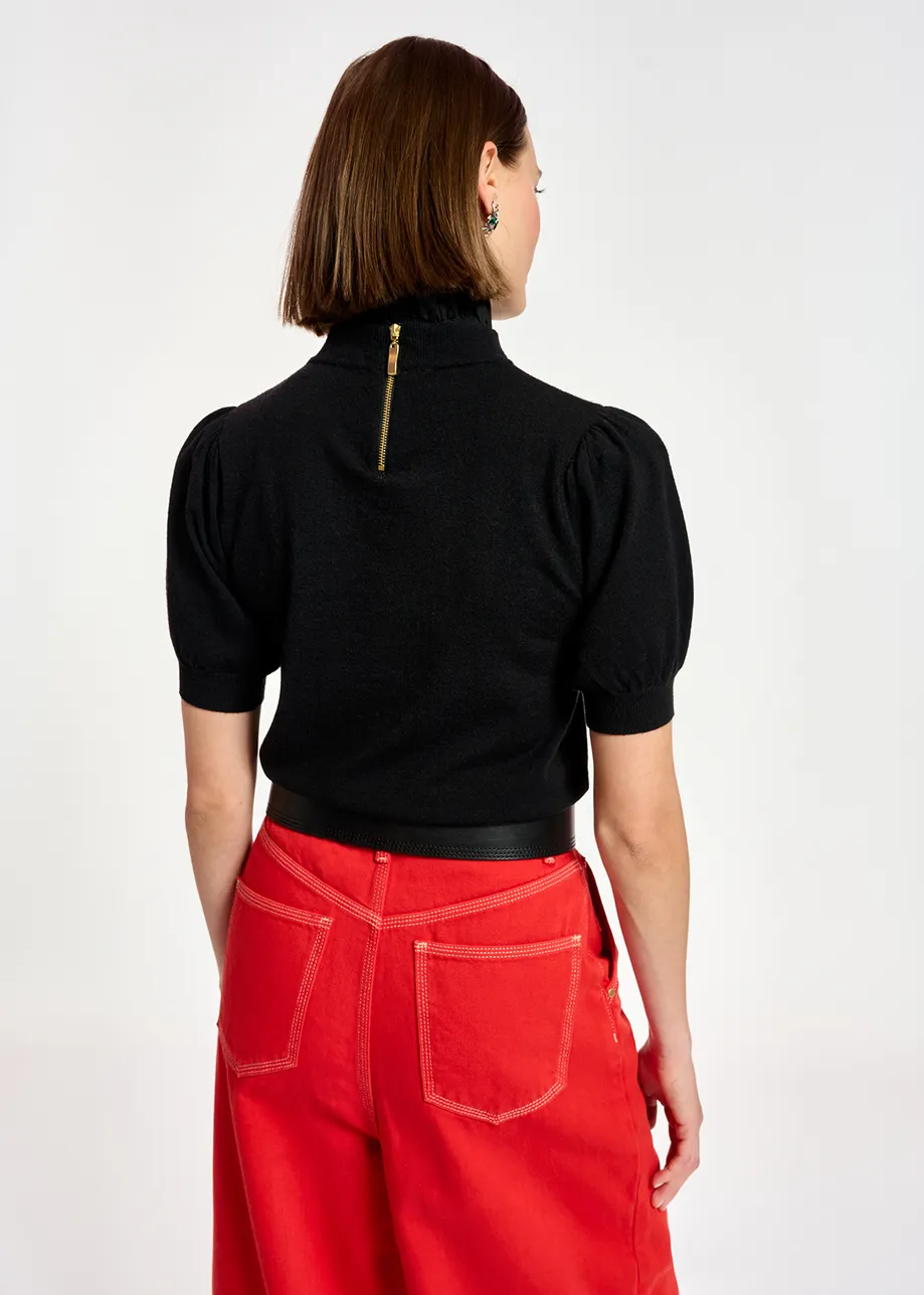 Black short-sleeved sweater with stand-up collar