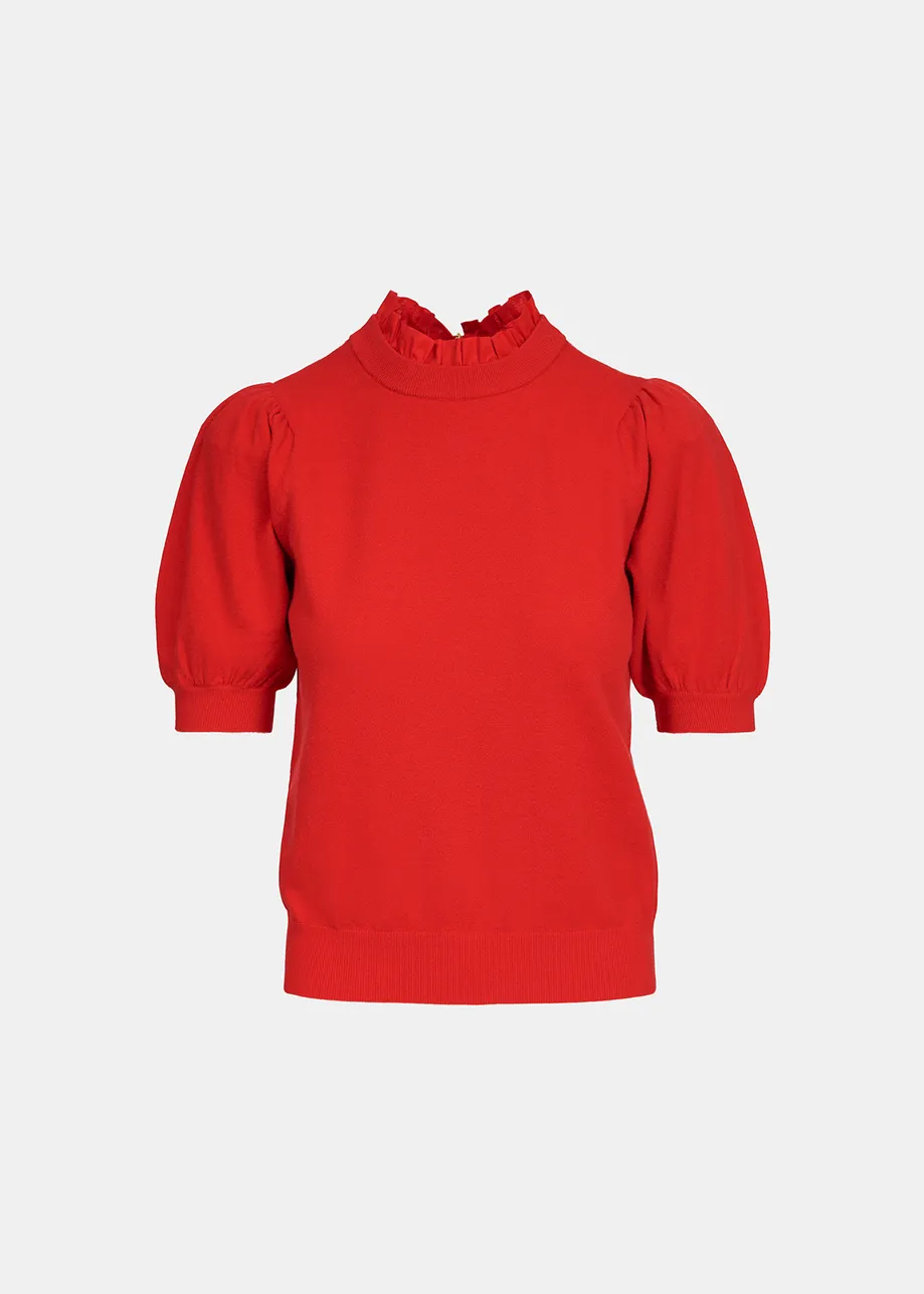 Red short-sleeved sweater with stand-up collar