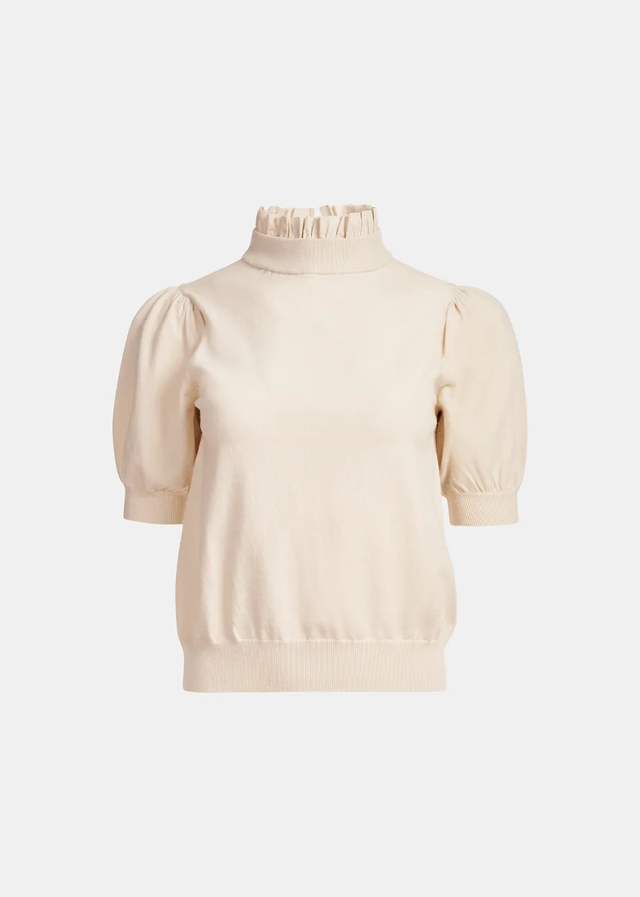 Off-white short-sleeved sweater with stand-up collar