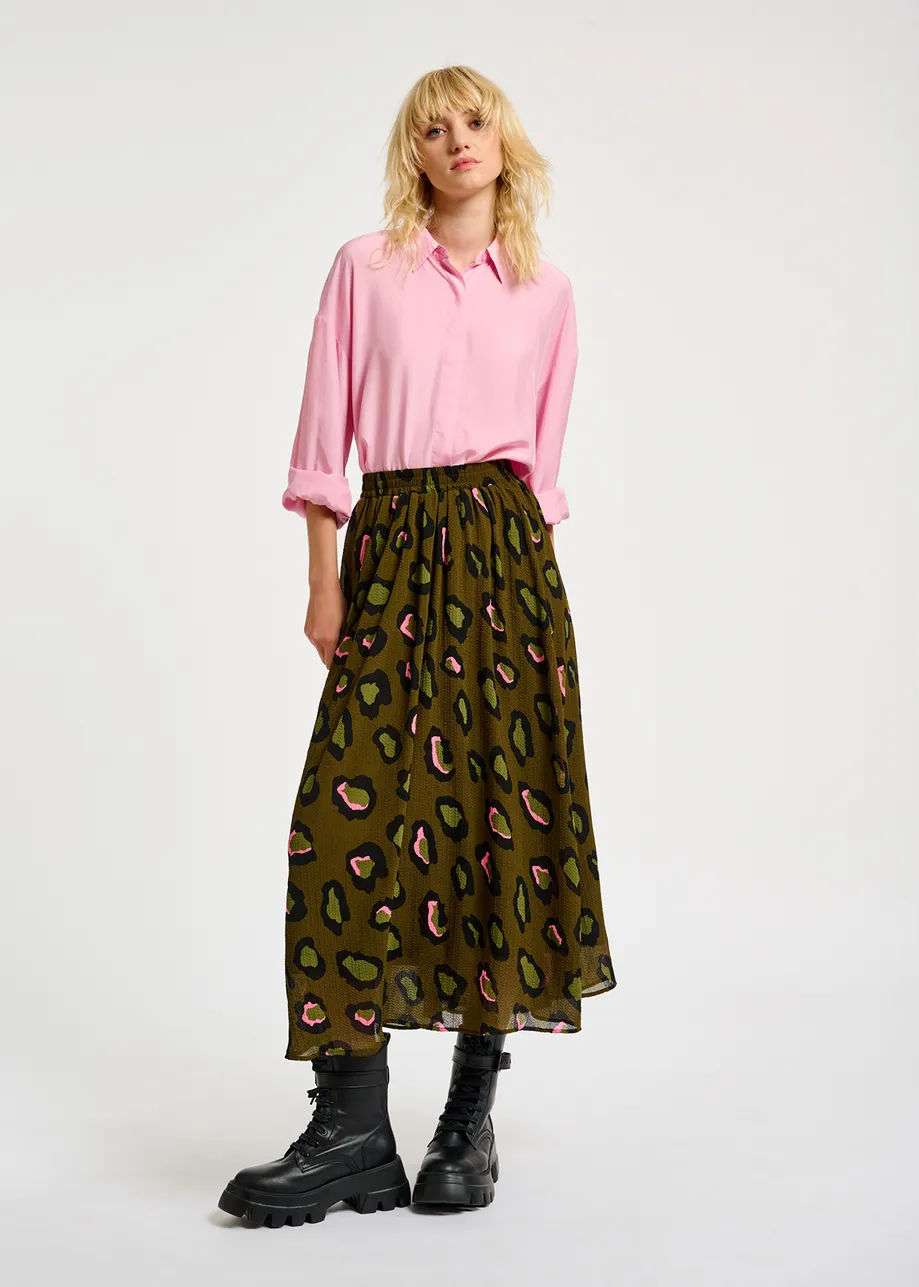 Khaki leopard-print midi skirt