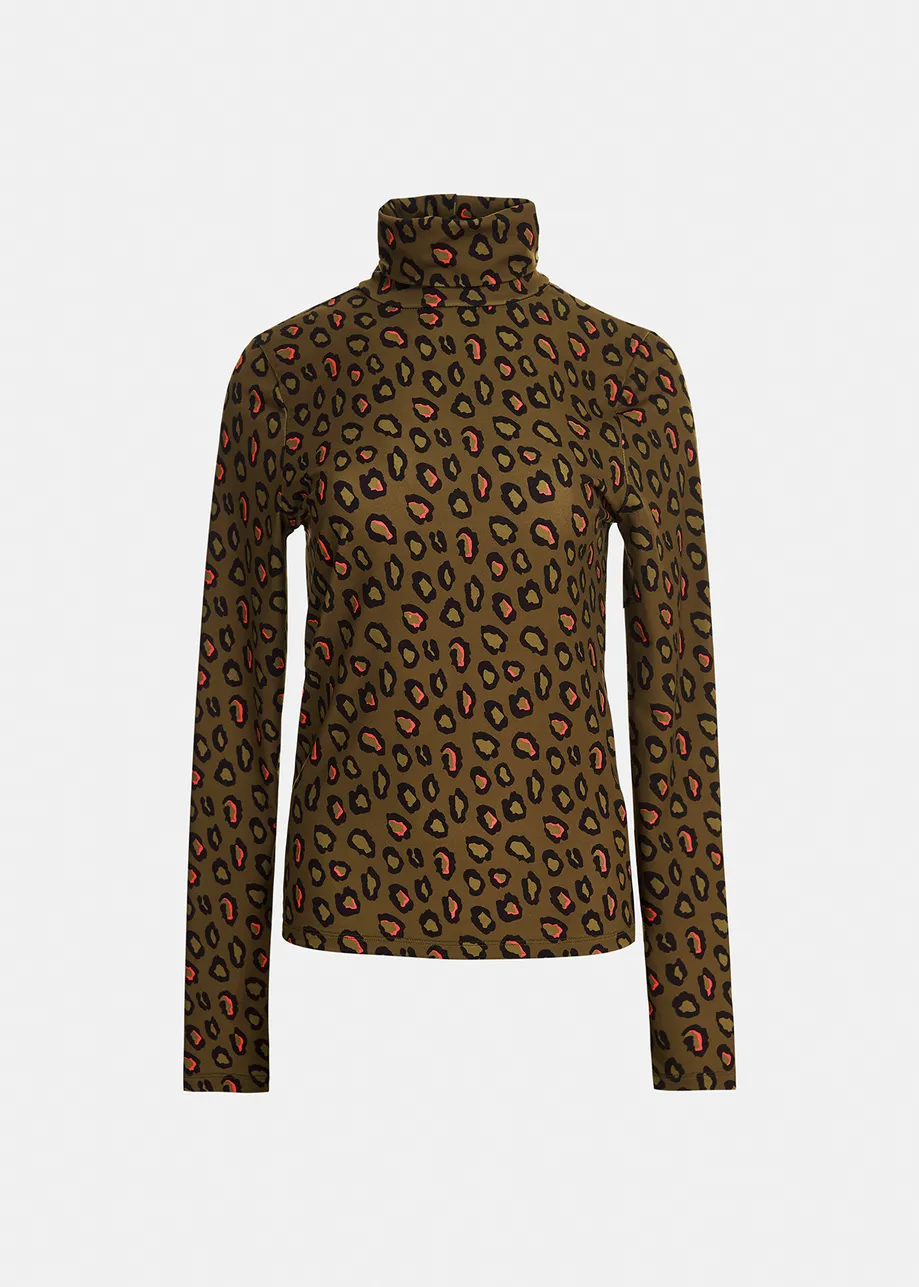 Khaki leopard-print turtleneck top