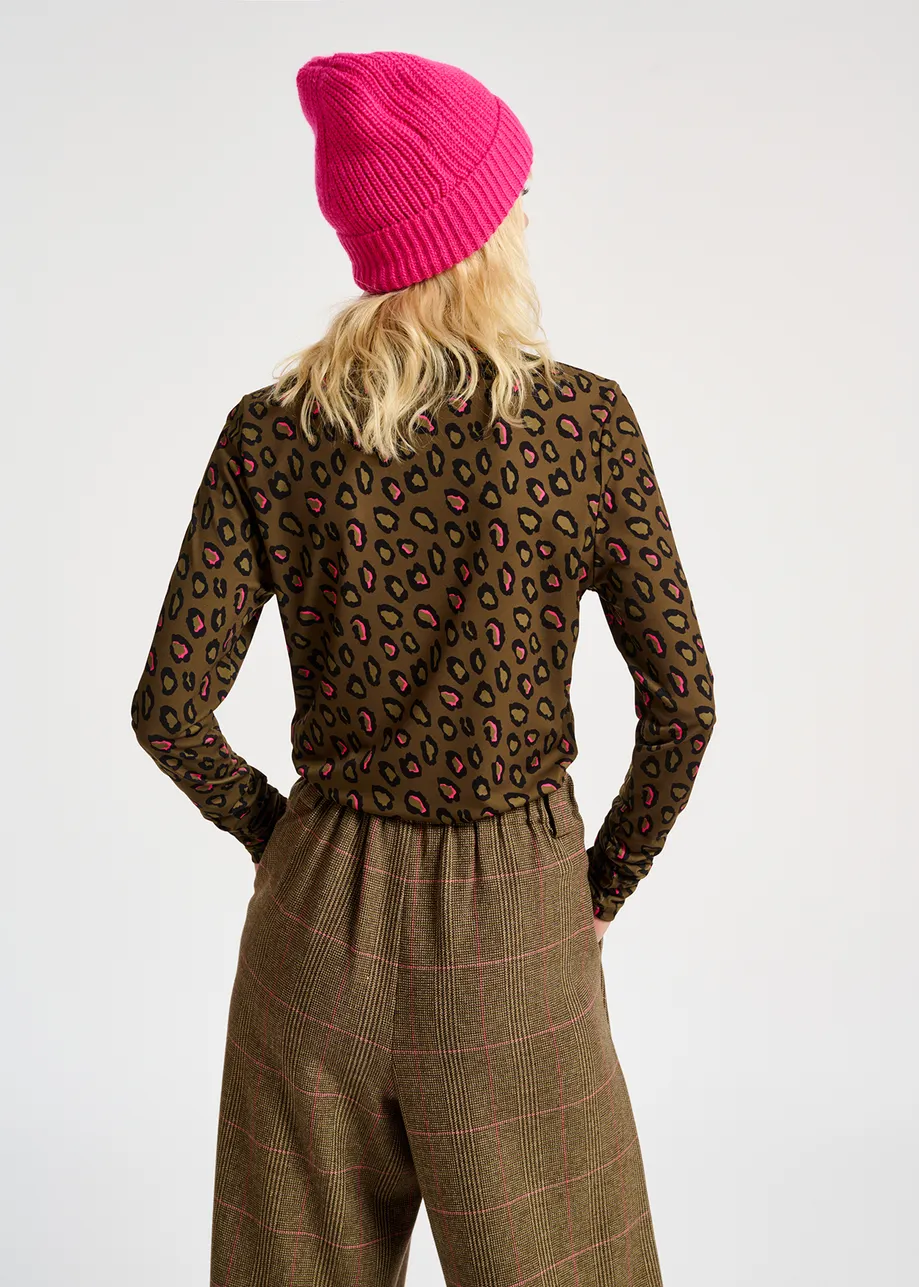 Khaki leopard-print turtleneck top