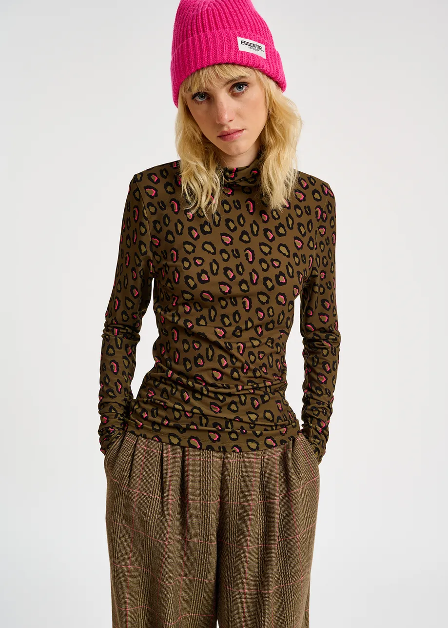 Khaki leopard-print turtleneck top